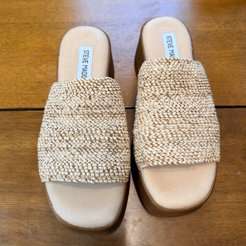 Steve Madden Raffia Platform Slide Sandals Tan Woven Wedge size 37 Italy